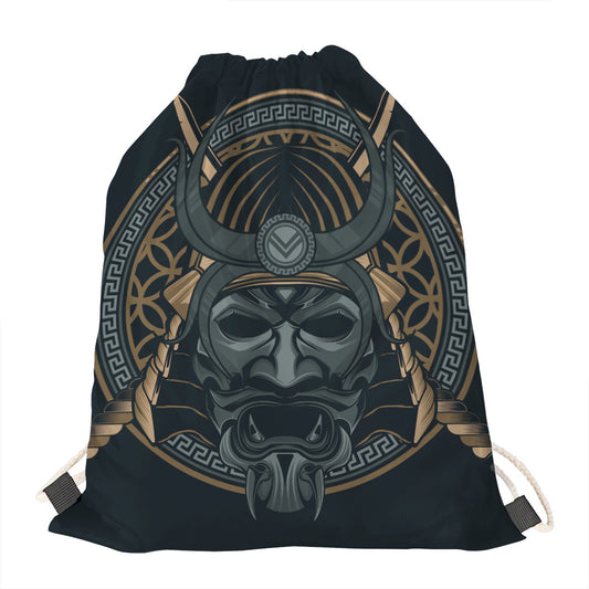 Black Samurai Mask Print Drawstring Bag