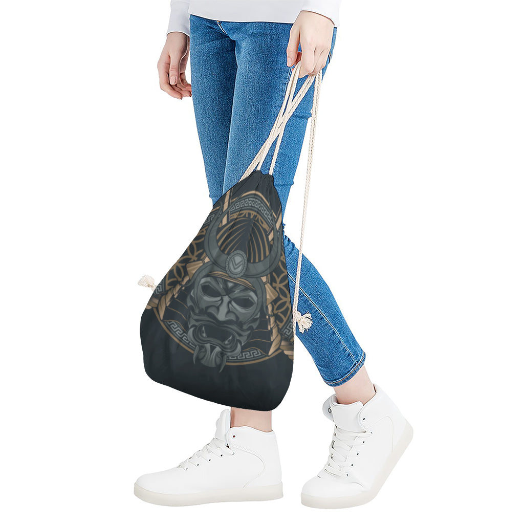 Black Samurai Mask Print Drawstring Bag