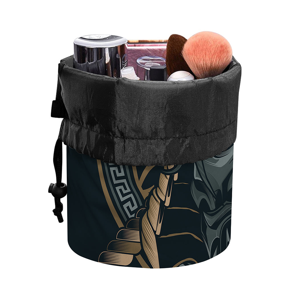 Black Samurai Mask Print Drawstring Makeup Bag