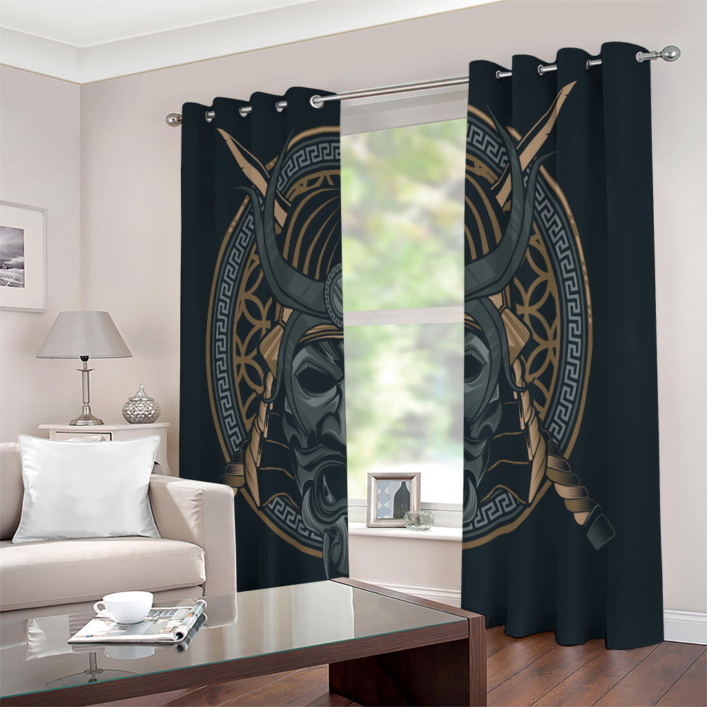 Black Samurai Mask Print Extra Wide Grommet Curtains