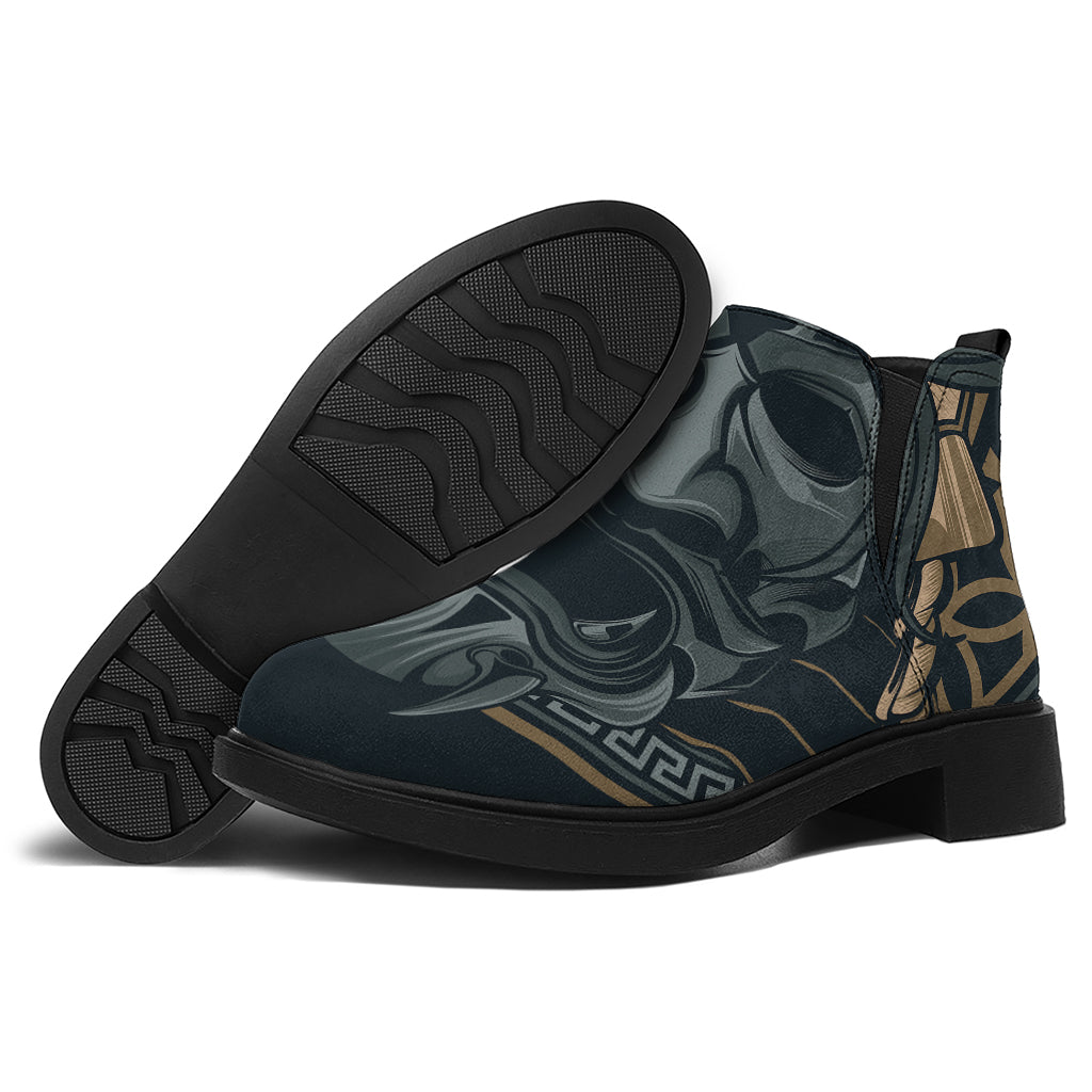 Black Samurai Mask Print Flat Ankle Boots
