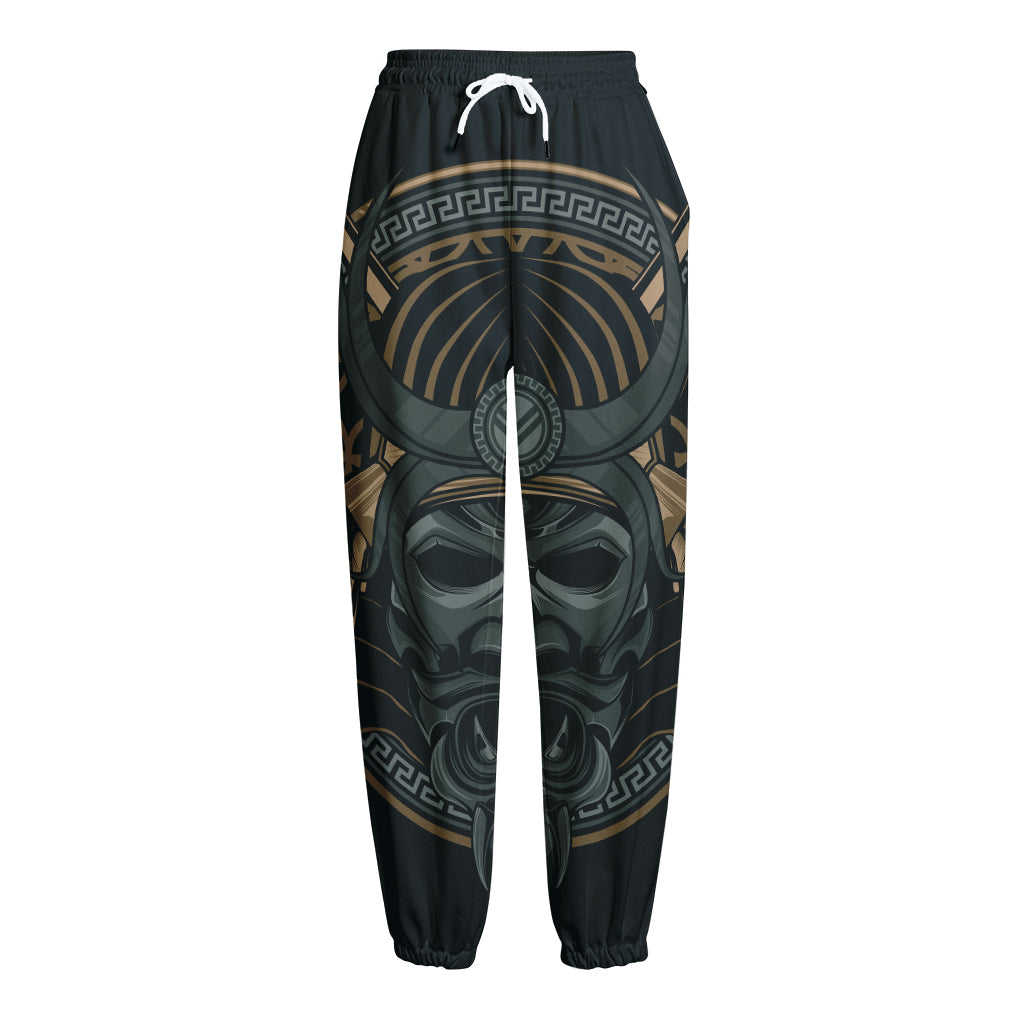 Black Samurai Mask Print Fleece Lined Knit Pants