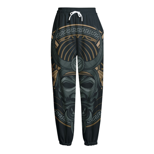 Black Samurai Mask Print Fleece Lined Knit Pants