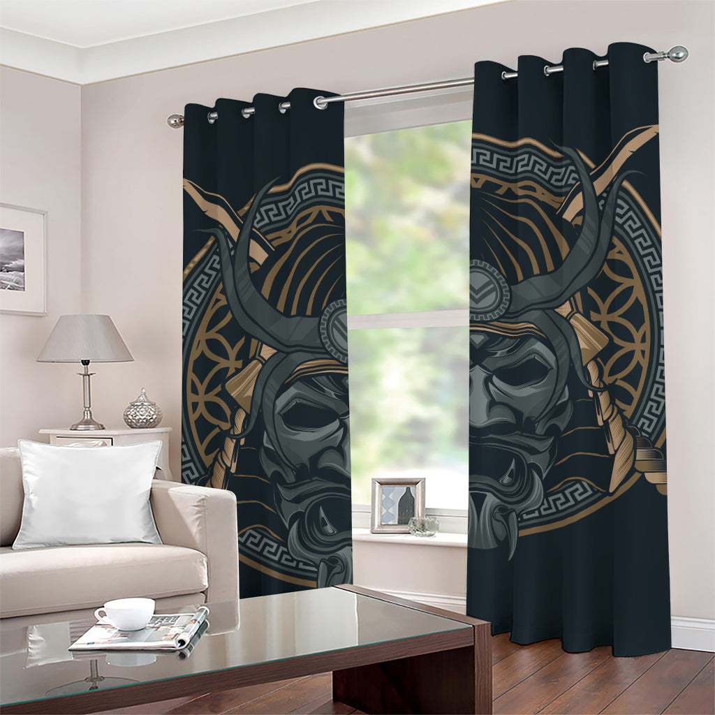 Black Samurai Mask Print Grommet Curtains
