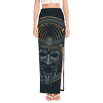 Black Samurai Mask Print High Slit Maxi Skirt