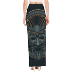 Black Samurai Mask Print High Slit Maxi Skirt