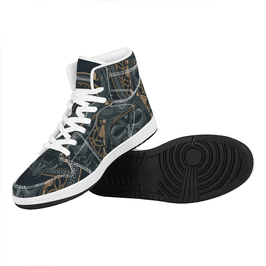 Black Samurai Mask Print High Top Leather Sneakers