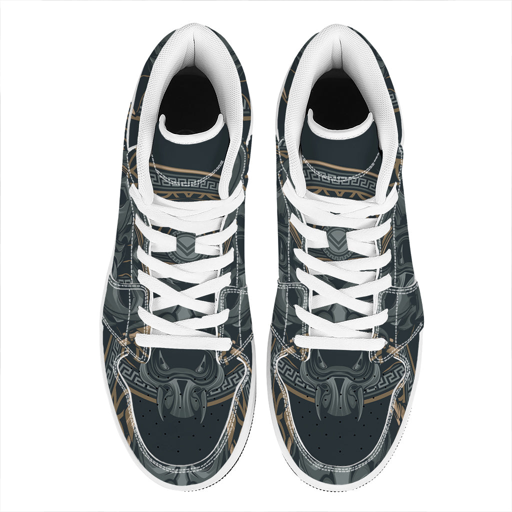 Black Samurai Mask Print High Top Leather Sneakers