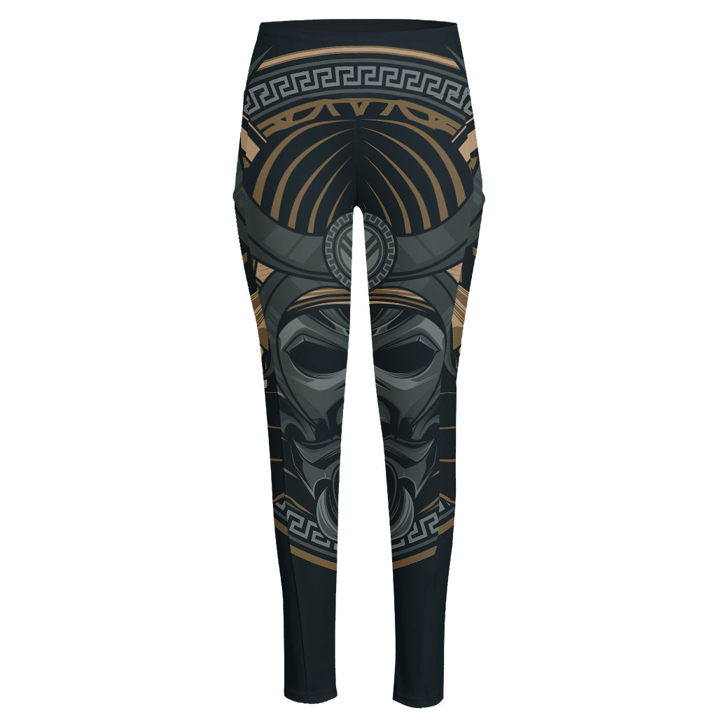 Black Samurai Mask Print High-Waisted Pocket Leggings