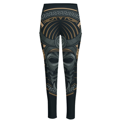 Black Samurai Mask Print High-Waisted Pocket Leggings