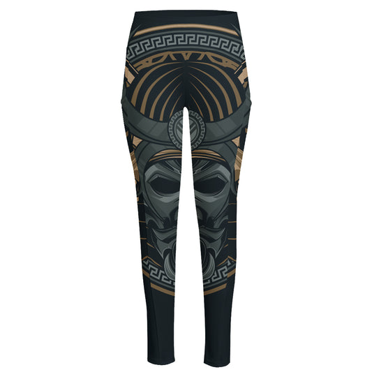 Black Samurai Mask Print High-Waisted Pocket Leggings