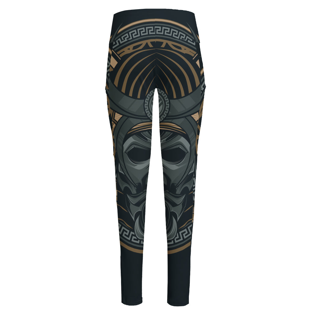 Black Samurai Mask Print High-Waisted Pocket Leggings