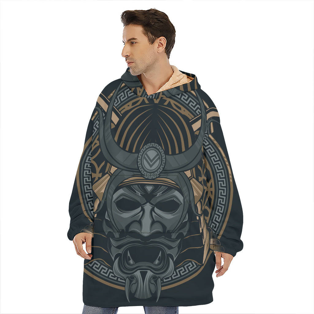 Black Samurai Mask Print Hoodie Blanket