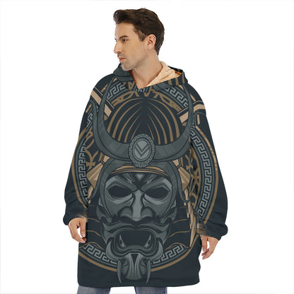Black Samurai Mask Print Hoodie Blanket