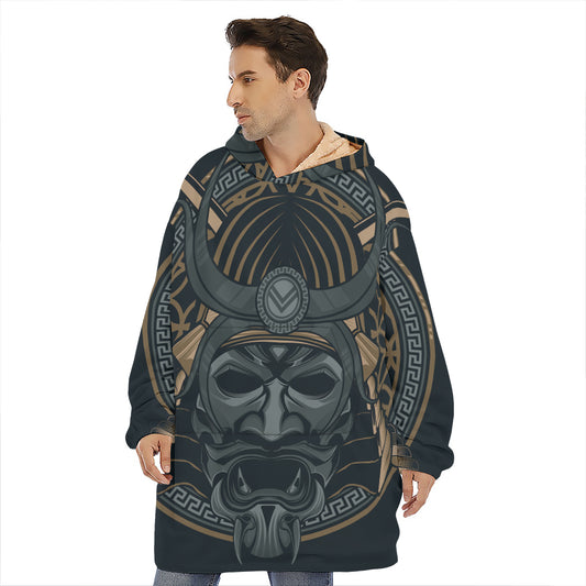 Black Samurai Mask Print Hoodie Blanket