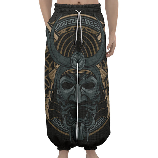 Black Samurai Mask Print Lantern Pants