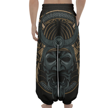 Black Samurai Mask Print Lantern Pants
