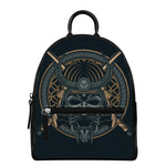 Black Samurai Mask Print Leather Backpack