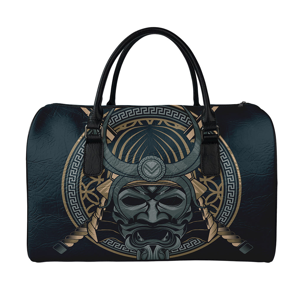 Black Samurai Mask Print Leather Duffle Bag