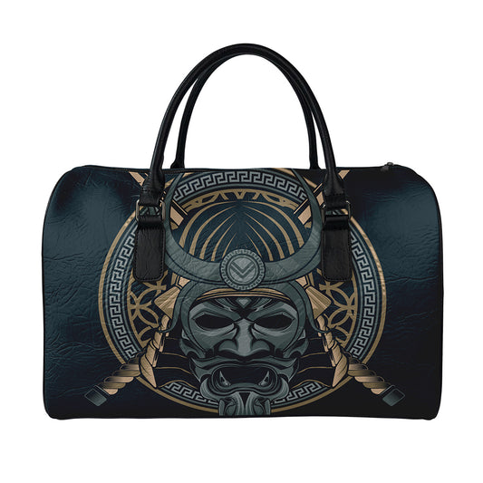 Black Samurai Mask Print Leather Duffle Bag