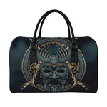 Black Samurai Mask Print Leather Duffle Bag