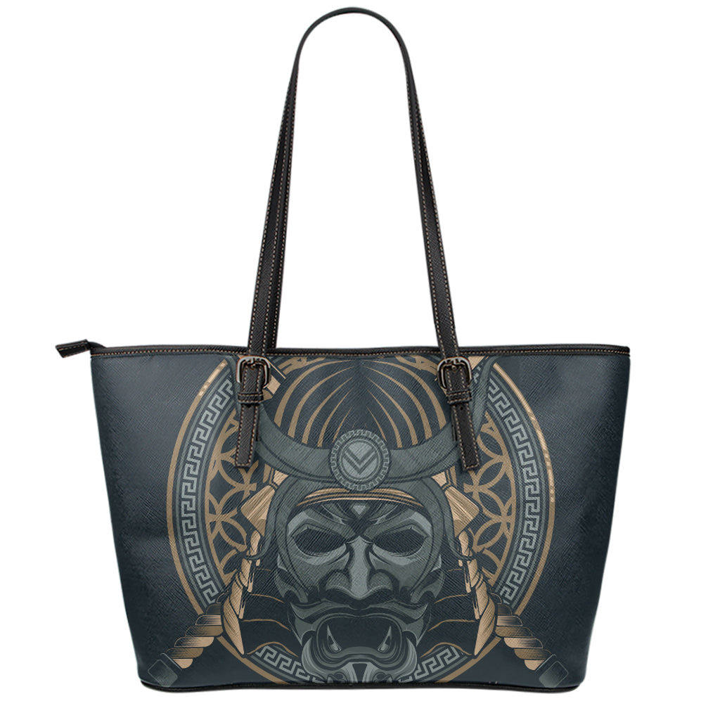 Black Samurai Mask Print Leather Tote Bag