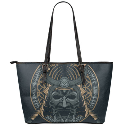 Black Samurai Mask Print Leather Tote Bag