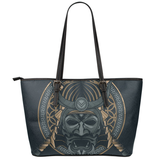 Black Samurai Mask Print Leather Tote Bag
