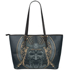 Black Samurai Mask Print Leather Tote Bag