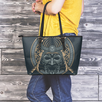 Black Samurai Mask Print Leather Tote Bag