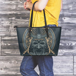 Black Samurai Mask Print Leather Tote Bag
