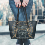 Black Samurai Mask Print Leather Tote Bag