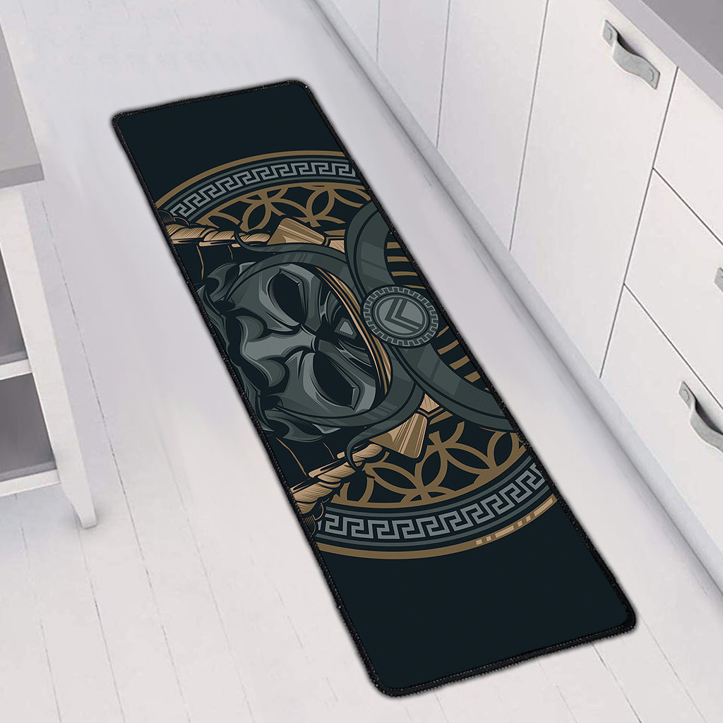 Black Samurai Mask Print Long Kitchen Mat