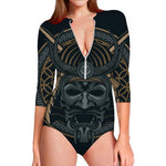 Black Samurai Mask Print Long Sleeve Swimsuit