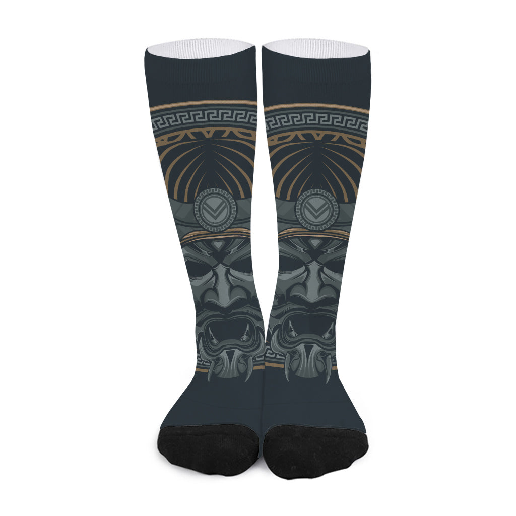 Black Samurai Mask Print Long Socks