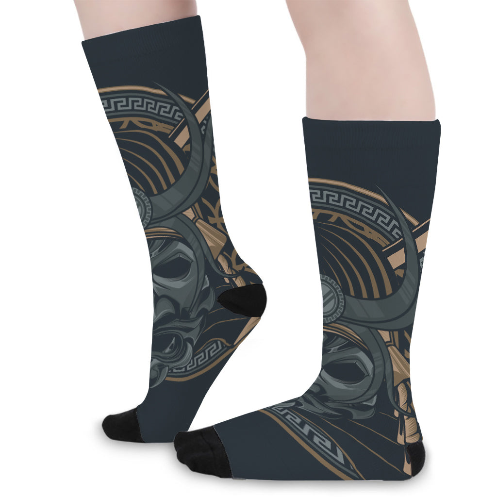 Black Samurai Mask Print Long Socks