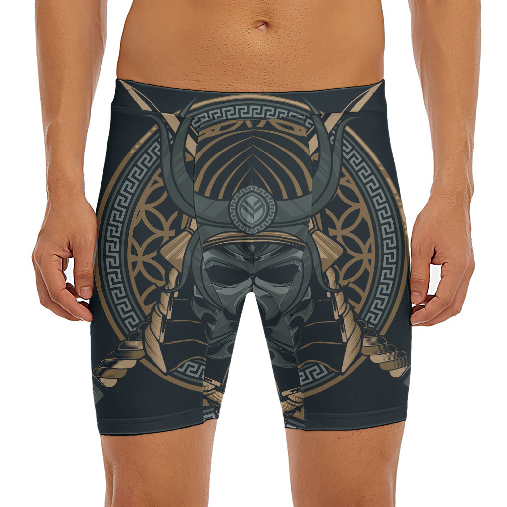 Black Samurai Mask Print Men's Long Boxer Briefs