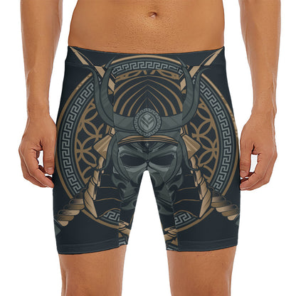 Black Samurai Mask Print Men's Long Boxer Briefs