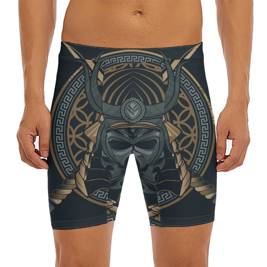 Black Samurai Mask Print Men's Long Boxer Briefs