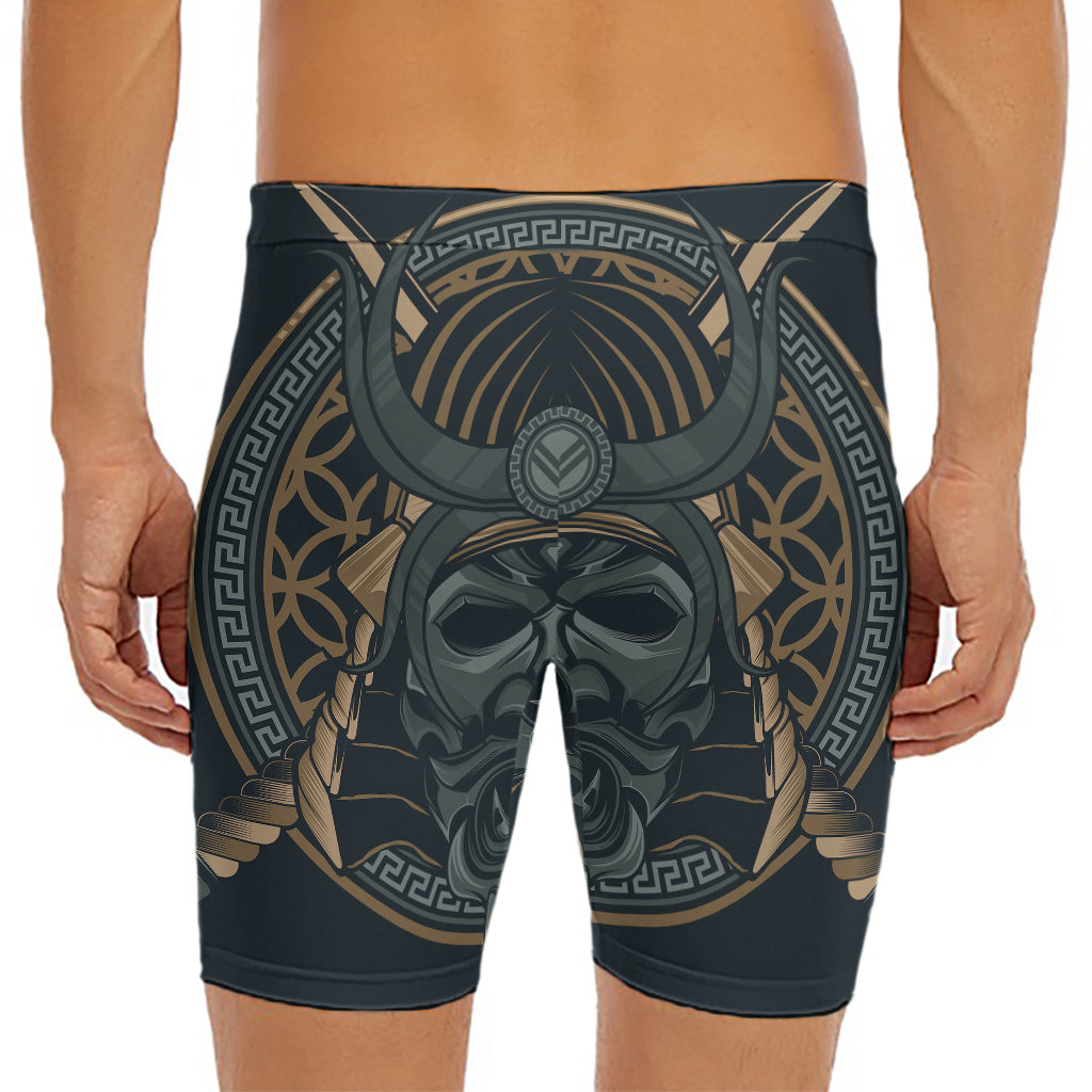 Black Samurai Mask Print Men's Long Boxer Briefs