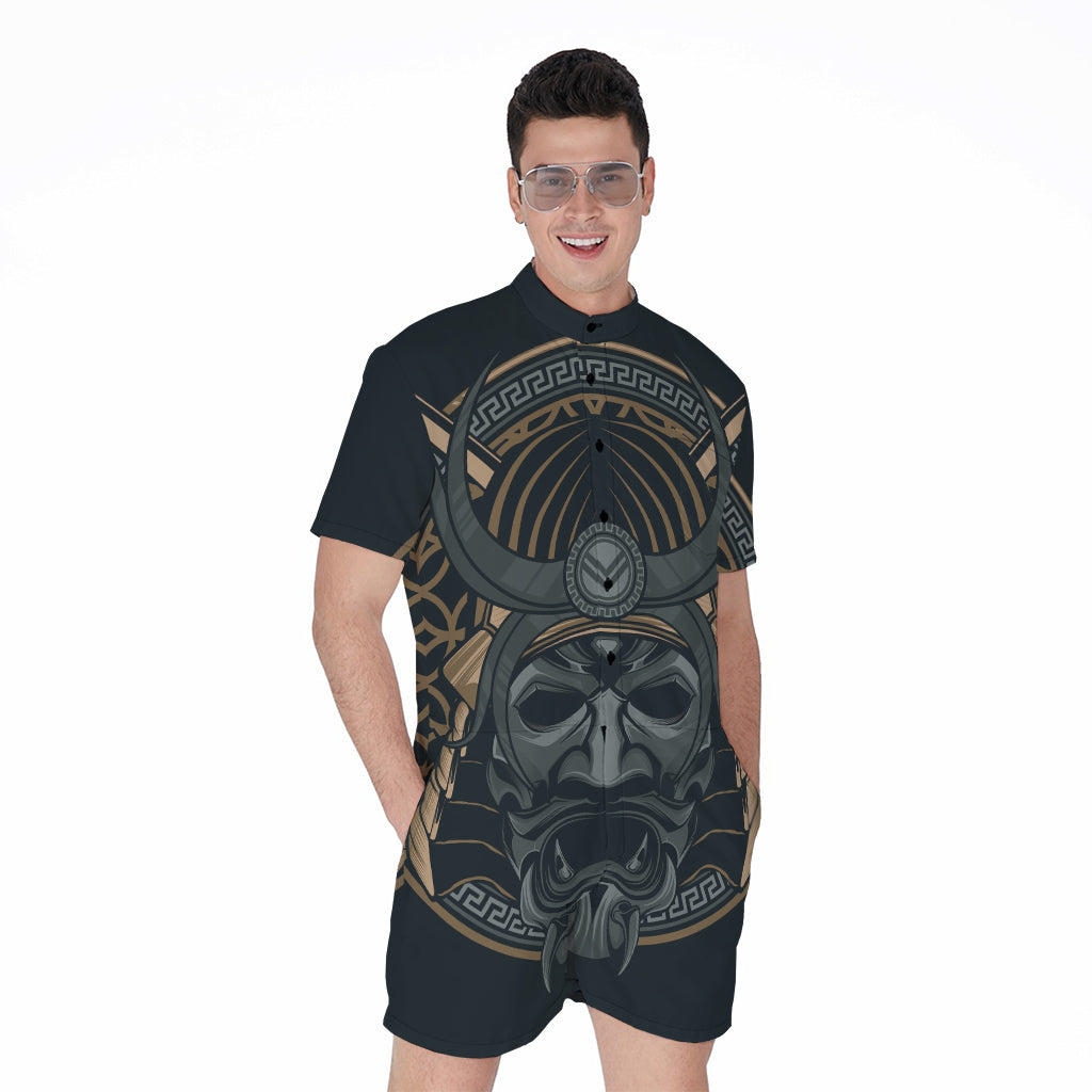 Black Samurai Mask Print Men's Rompers
