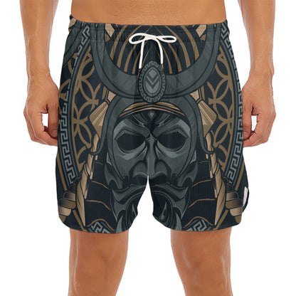 Black Samurai Mask Print Men's Split Running Shorts