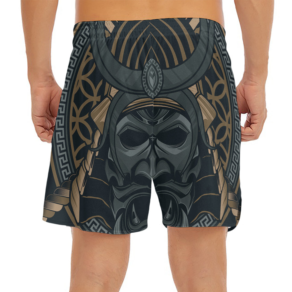 Black Samurai Mask Print Men's Split Running Shorts