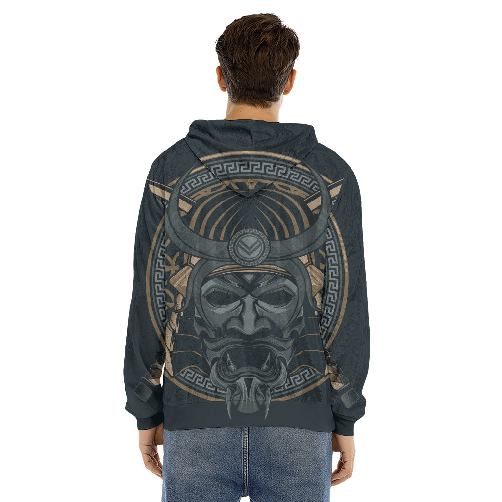 Black Samurai Mask Print Men's Velvet Pullover Hoodie