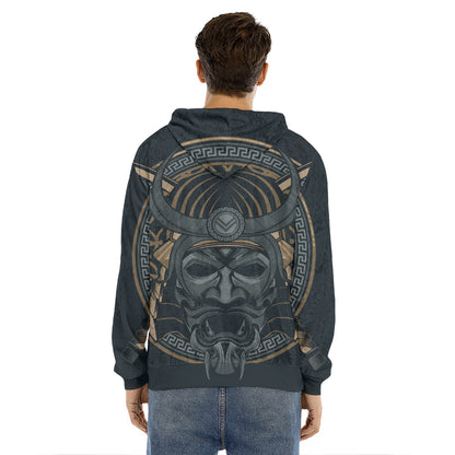 Black Samurai Mask Print Men's Velvet Pullover Hoodie