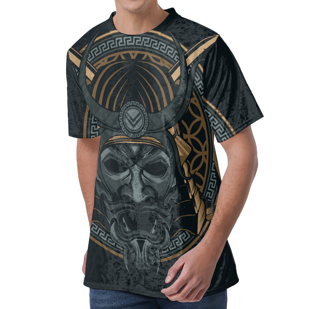 Black Samurai Mask Print Men's Velvet T-Shirt