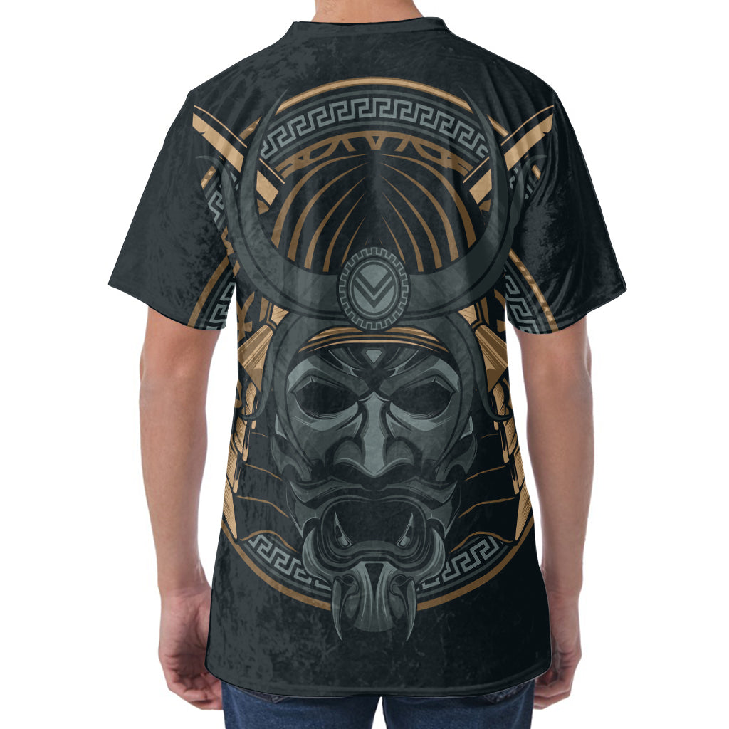 Black Samurai Mask Print Men's Velvet T-Shirt