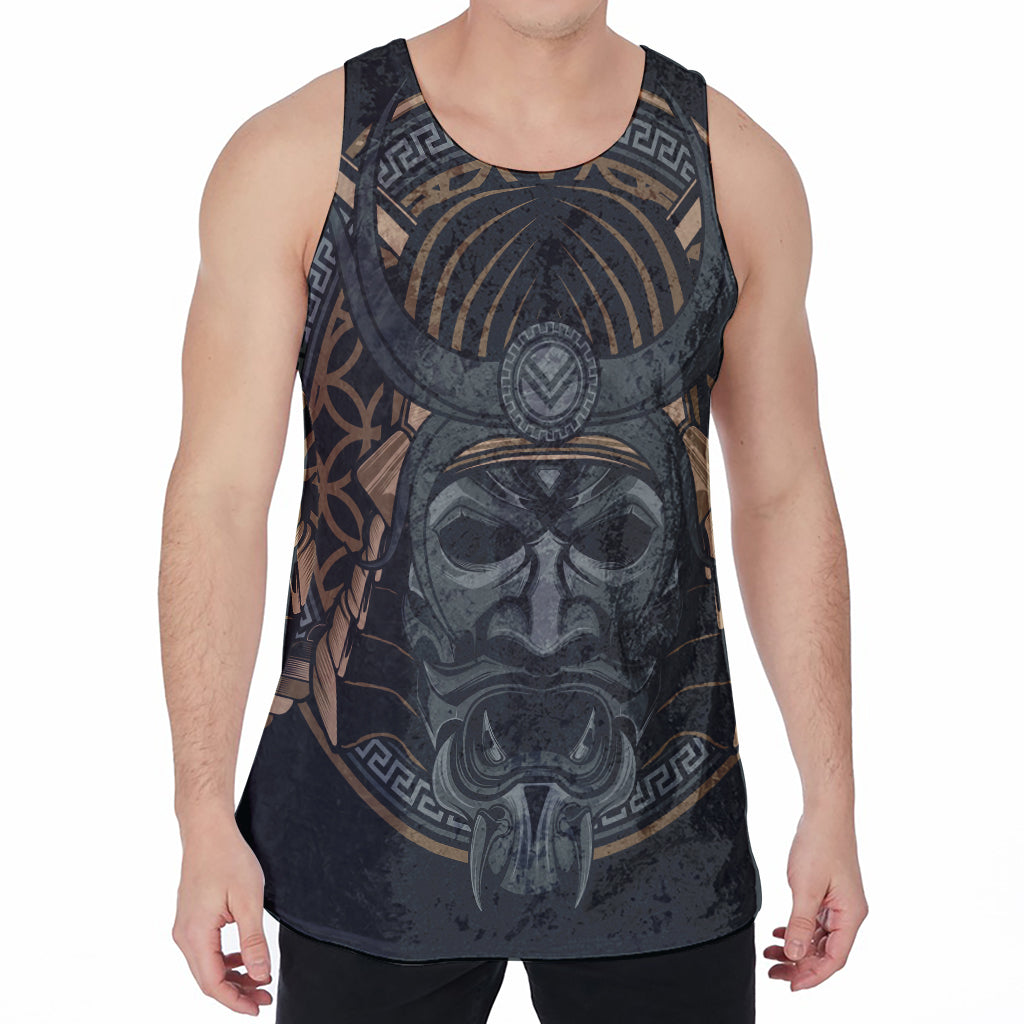 Black Samurai Mask Print Men's Velvet Tank Top