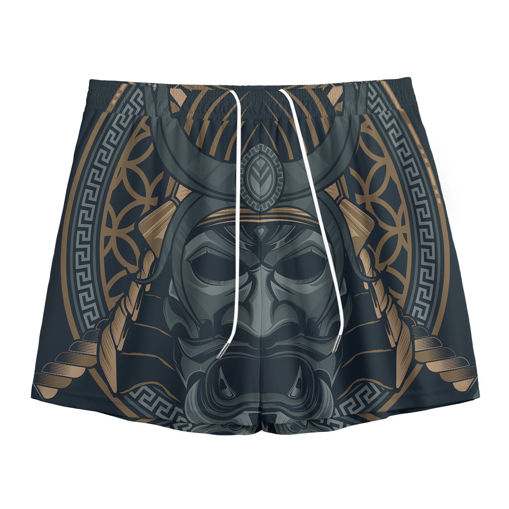 Black Samurai Mask Print Mesh Shorts
