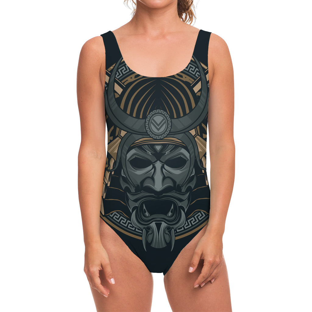 Black Samurai Mask Print One Piece Swimsuit
